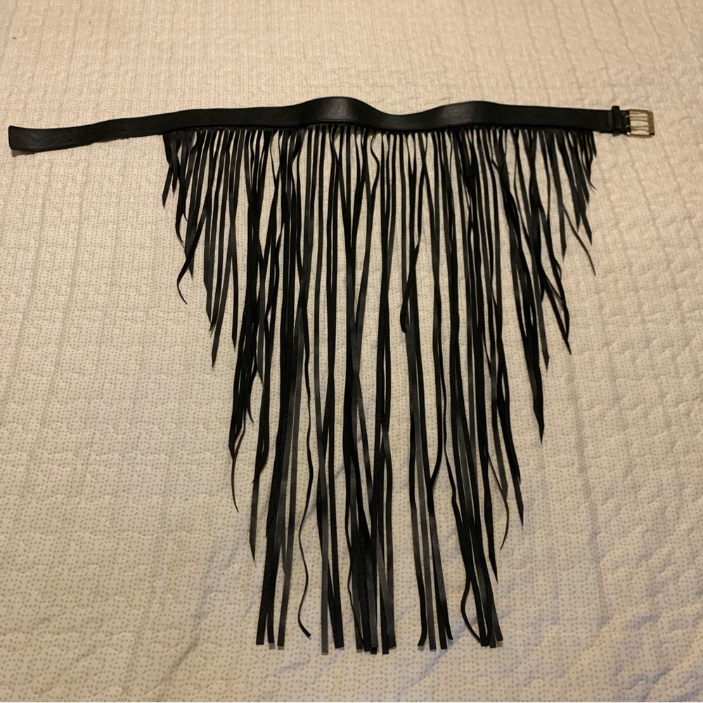 Black faux Leather Fringe Skirt Belt Long cascading fringe Metal Buckle OS